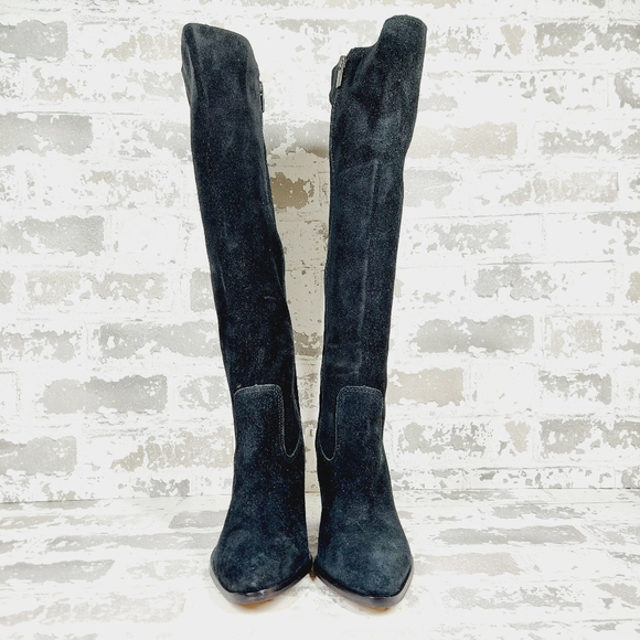 New Vince Camuto Perlanie Leather Black Pointy Toe Heel Knee Hight Boot T166 - Picture 7 of 13